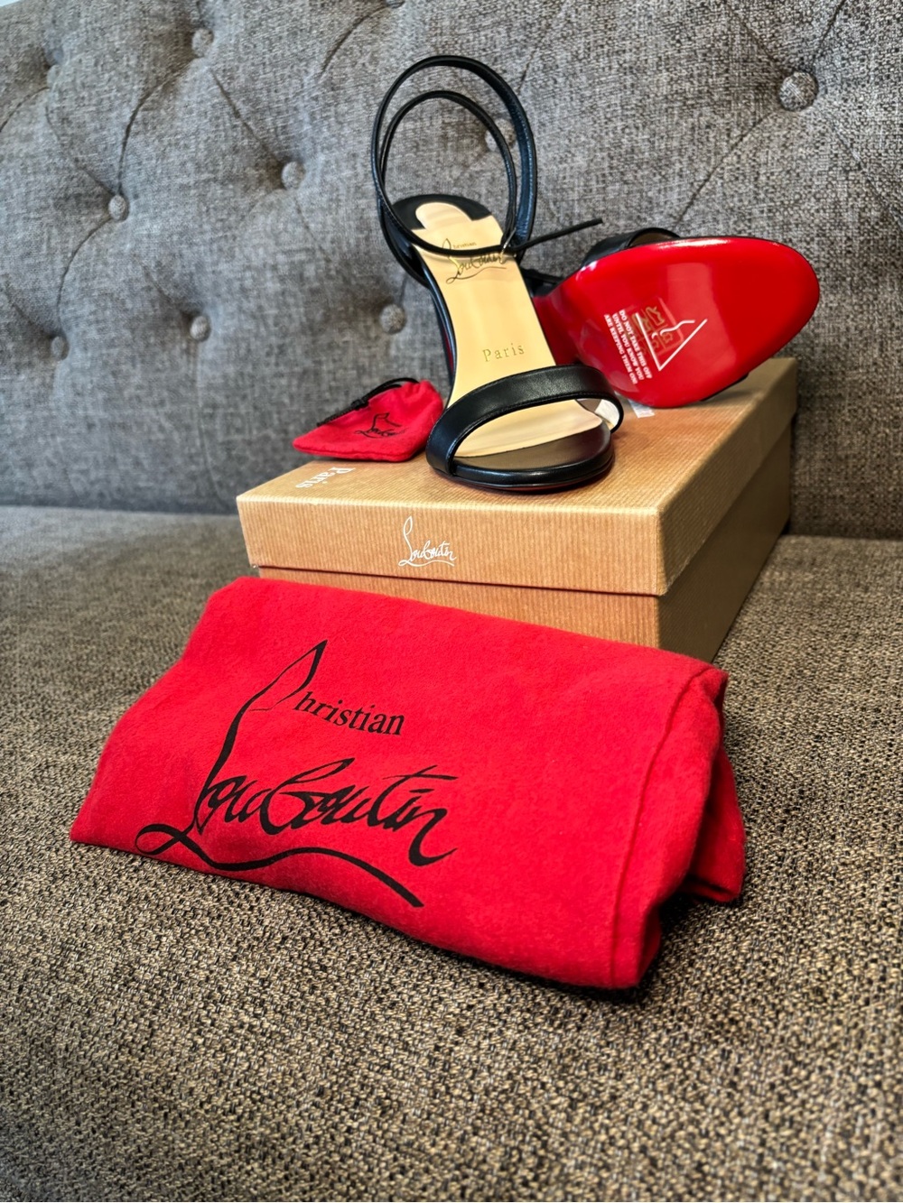 Christian Louboutin Black Leather Open-Toe Slingback Heels with Red Sole - Picture 2 of 5